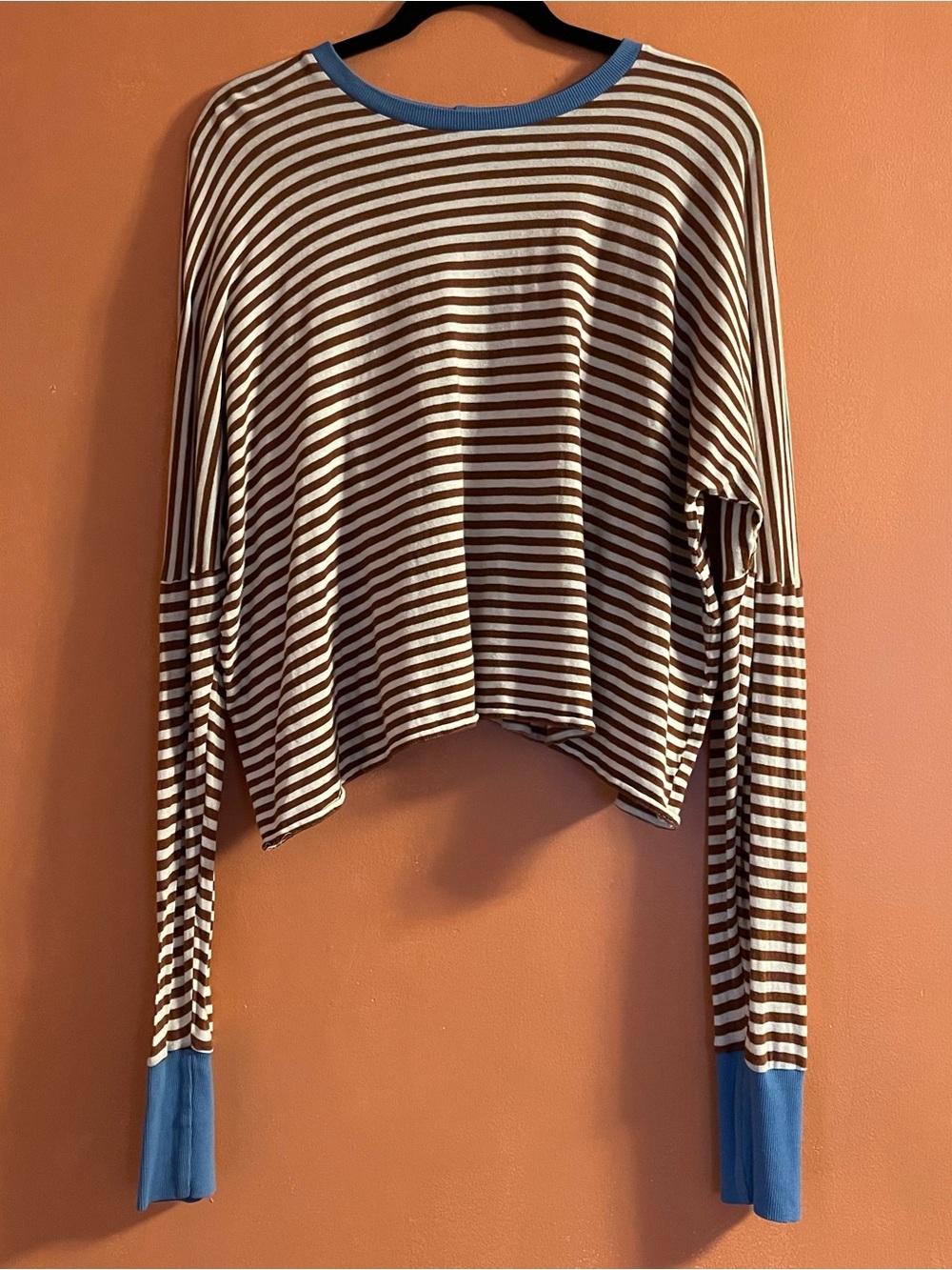 Striped Brown & White Long-Sleeve Crop Top with Blue Trim